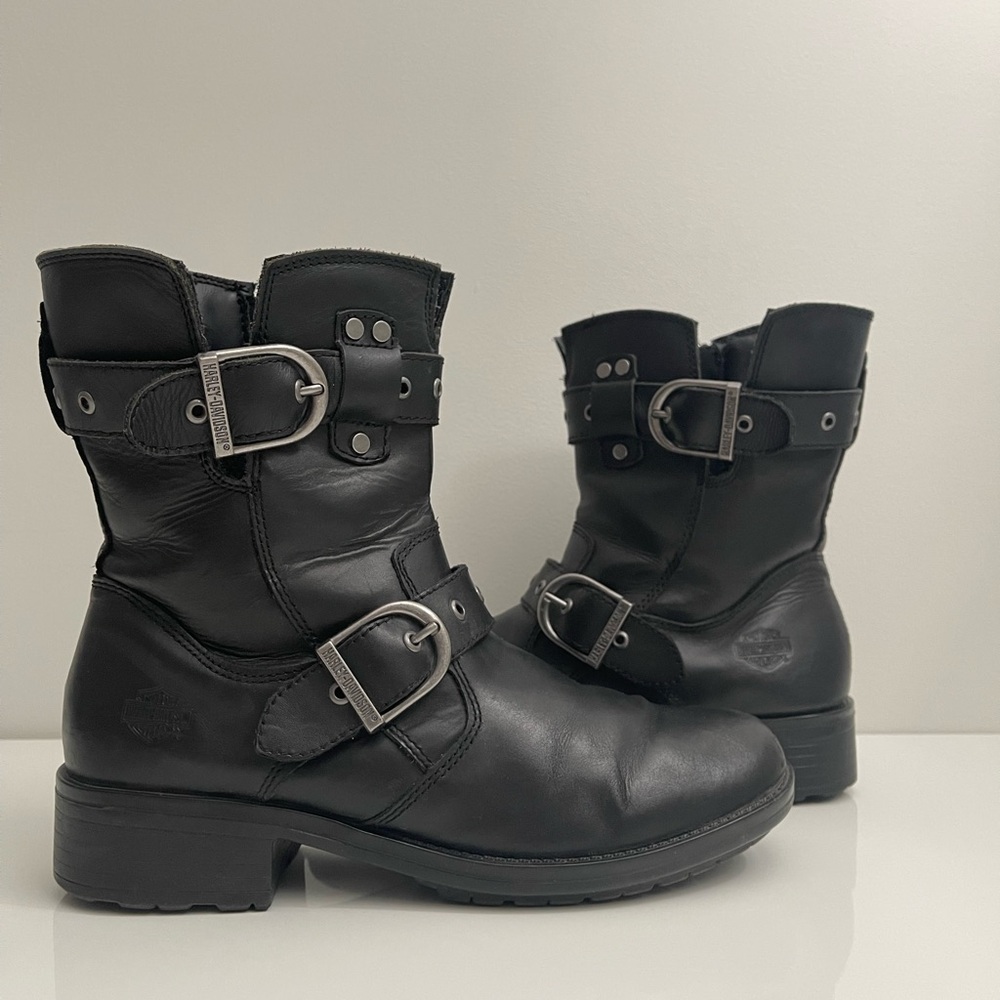 Harley-Davidson 7.5 Women Black Leather Boots Buckle Biker Moto After Riding
